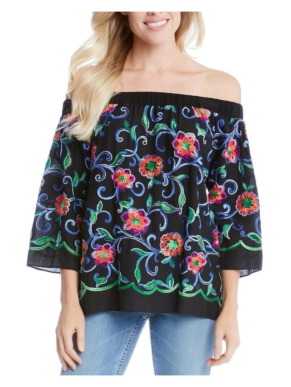 Karen Kane 1L25556 Black-Multi Floral Embroidered Off-Shoulder Top XS